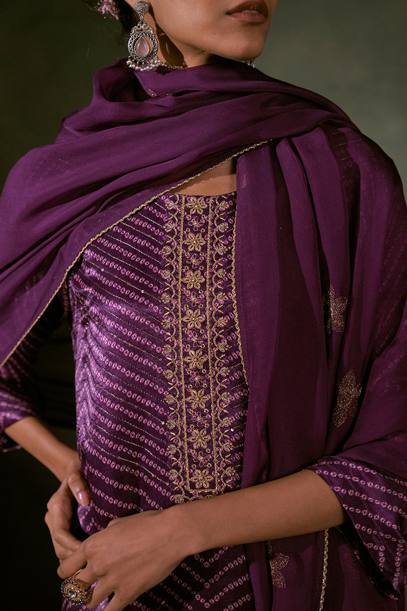 Linen Satin Top With Embroidered Organza Dupatta Available In Dark Purple And Pink