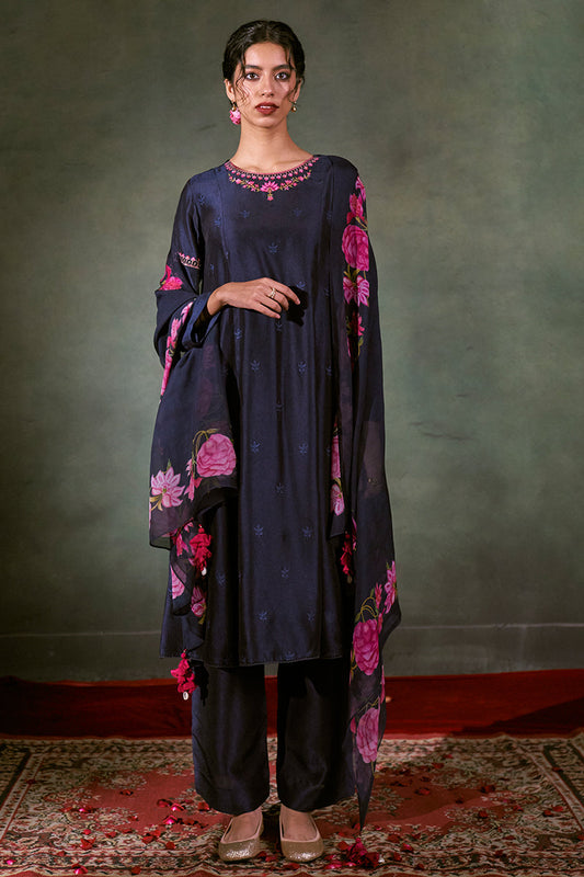 Prussian Blue Russian Silk Embroidered Top With Printed Organza Dupatta