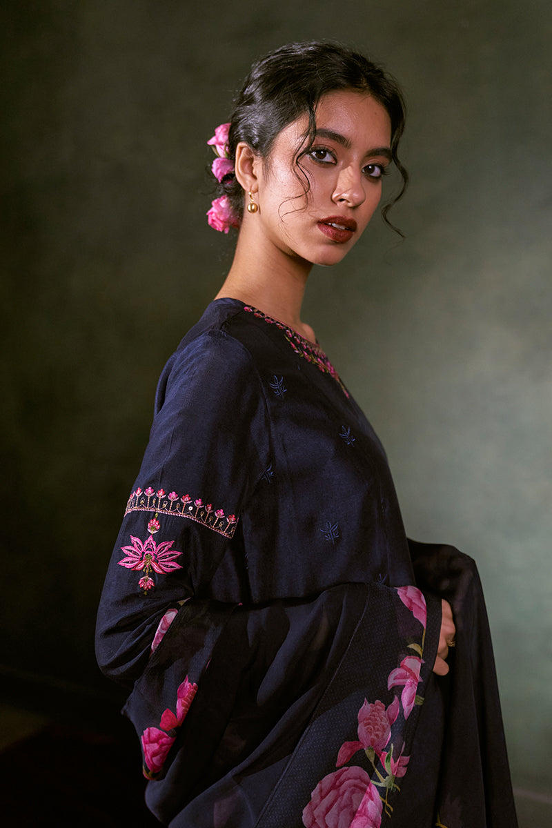 Prussian Blue Russian Silk Embroidered Top With Printed Organza Dupatta