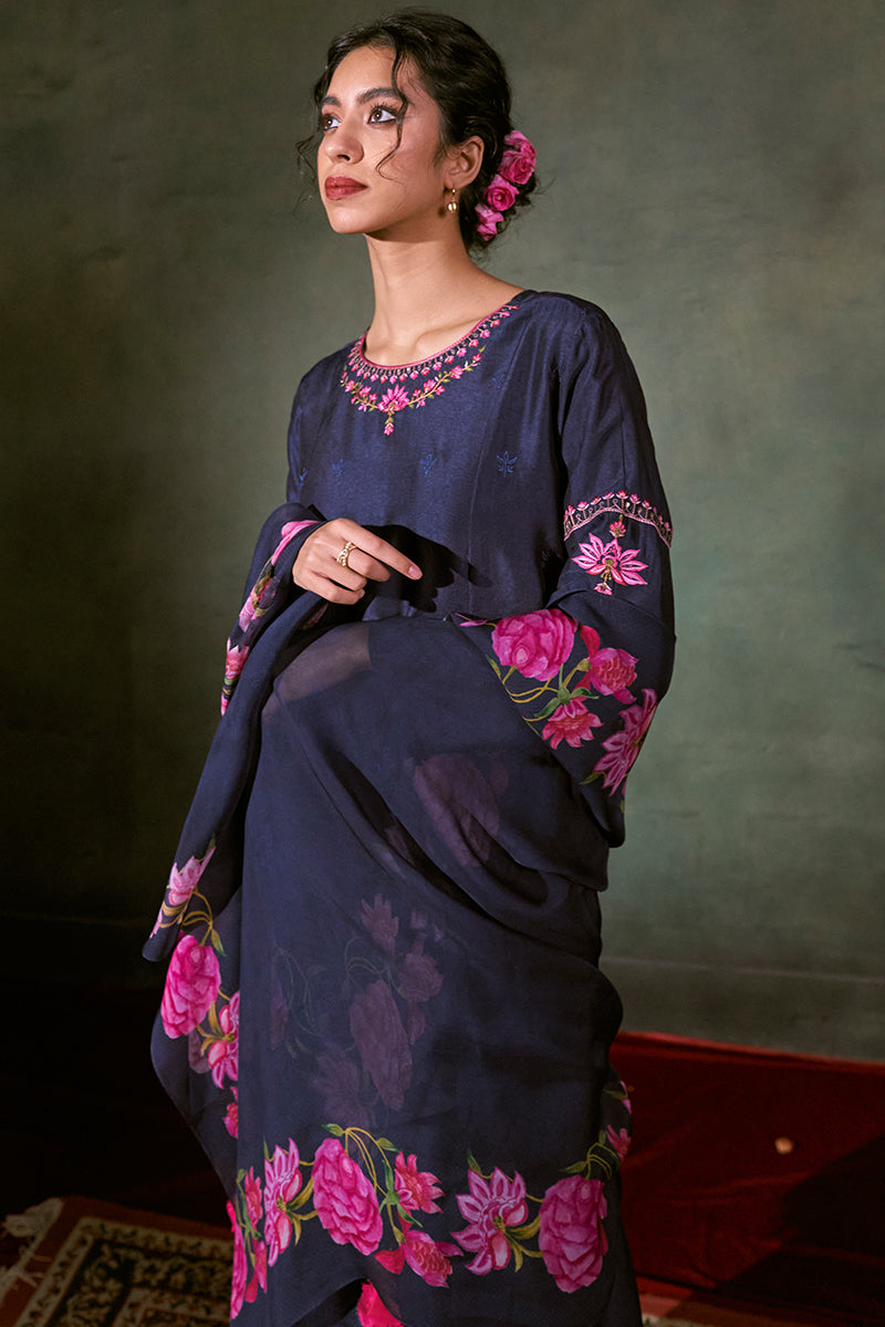 Prussian Blue Russian Silk Embroidered Top With Printed Organza Dupatta