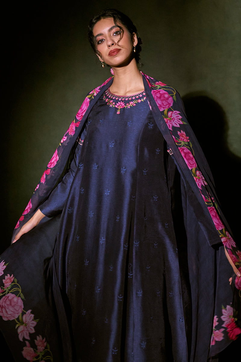 Prussian Blue Russian Silk Embroidered Top With Printed Organza Dupatta