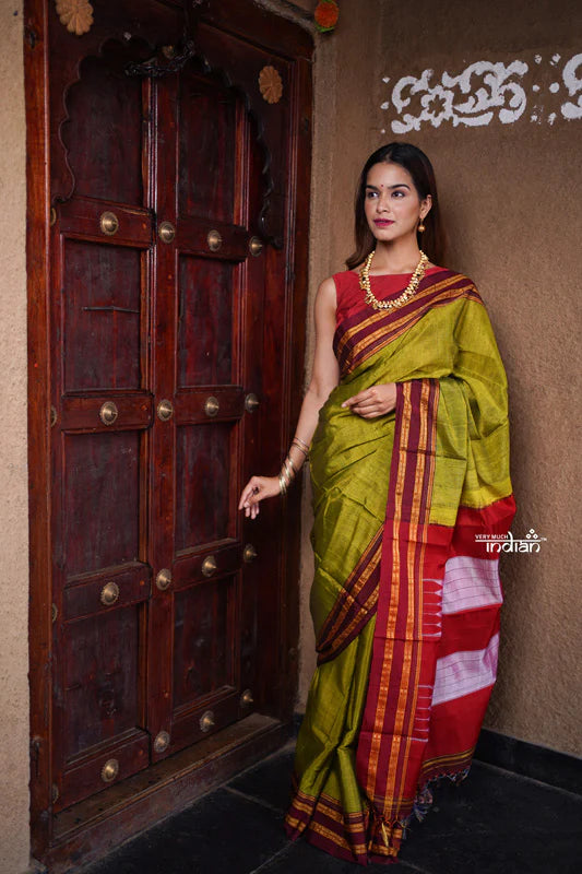 Handloom Cotton Silk Ilkal Saree with Pure Resham Pallu – Bright Green with Red Border