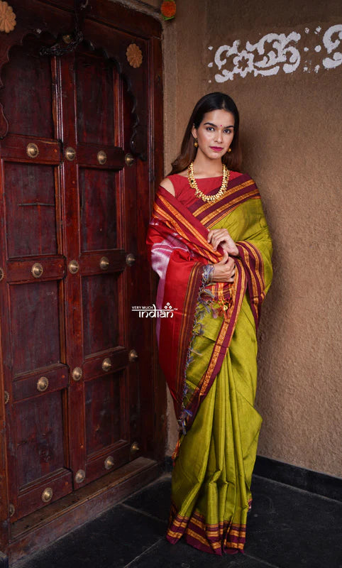 Handloom Cotton Silk Ilkal Saree with Pure Resham Pallu – Bright Green with Red Border