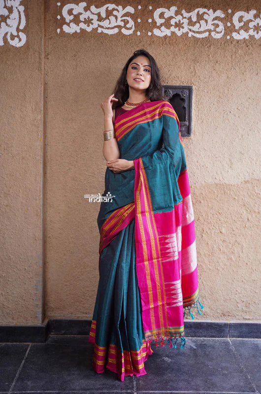 Handloom Cotton Silk Ilkal Saree with Pure Resham Pallu – Peacock Green with Pink Border