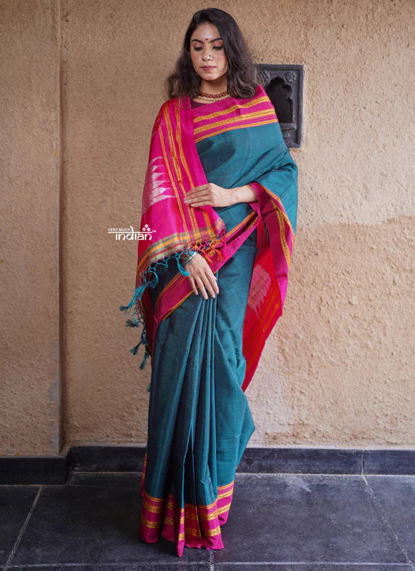 Handloom Cotton Silk Ilkal Saree with Pure Resham Pallu – Peacock Green with Pink Border