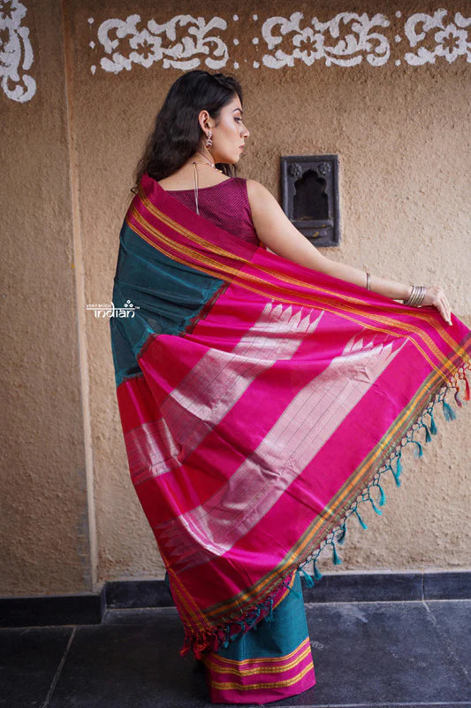 Handloom Cotton Silk Ilkal Saree with Pure Resham Pallu – Peacock Green with Pink Border