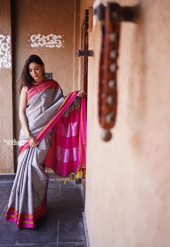 Handloom Cotton Silk Ilkal Saree with Pure Resham Pallu - Grey with Pink Border