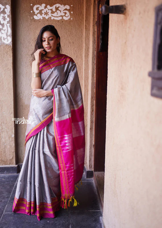 Handloom Cotton Silk Ilkal Saree with Pure Resham Pallu - Grey with Pink Border
