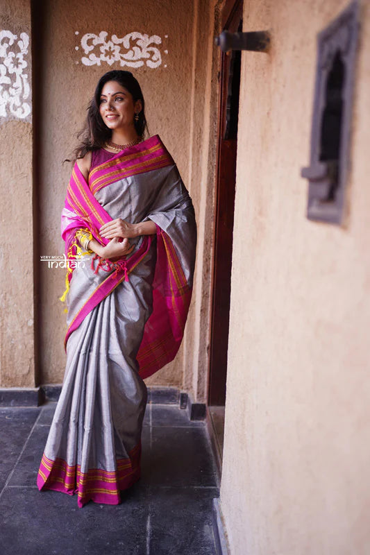 Handloom Cotton Silk Ilkal Saree with Pure Resham Pallu - Grey with Pink Border