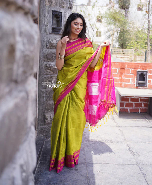 Handloom Cotton Silk Ilkal Saree with Pure Resham Pallu – Bright Green with Pink Border