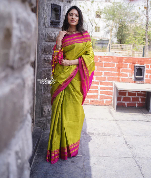Handloom Cotton Silk Ilkal Saree with Pure Resham Pallu – Bright Green with Pink Border