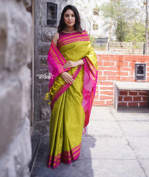 Handloom Cotton Silk Ilkal Saree with Pure Resham Pallu – Bright Green with Pink Border