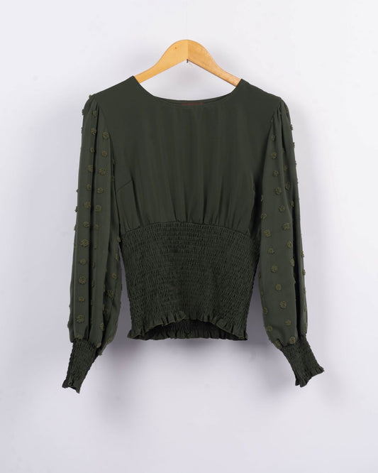 Ribbed Waist Puffy Sleeves Top - Crocodile Green