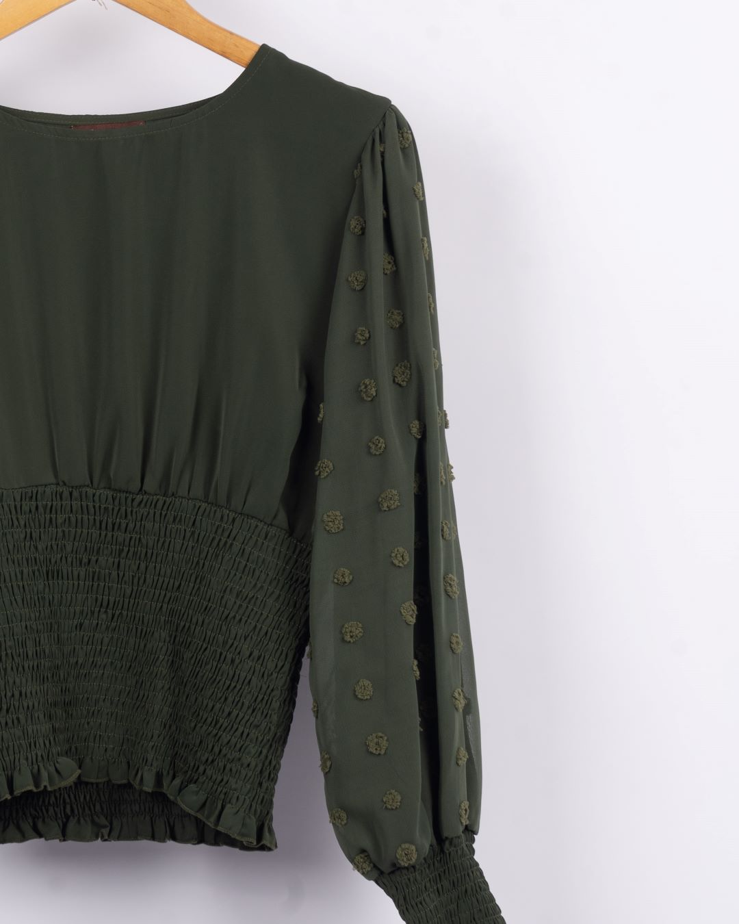 Ribbed Waist Puffy Sleeves Top - Crocodile Green