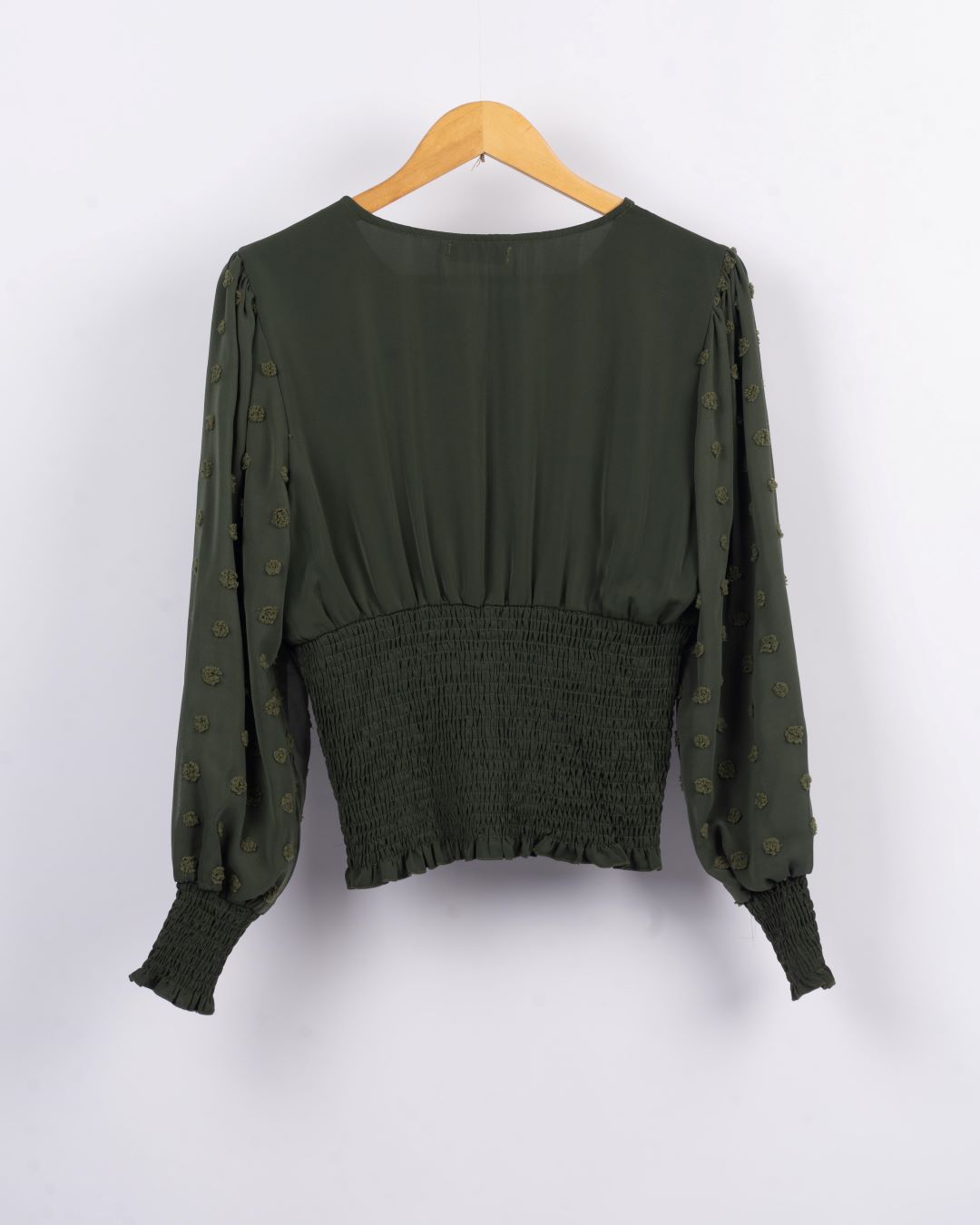 Ribbed Waist Puffy Sleeves Top - Crocodile Green