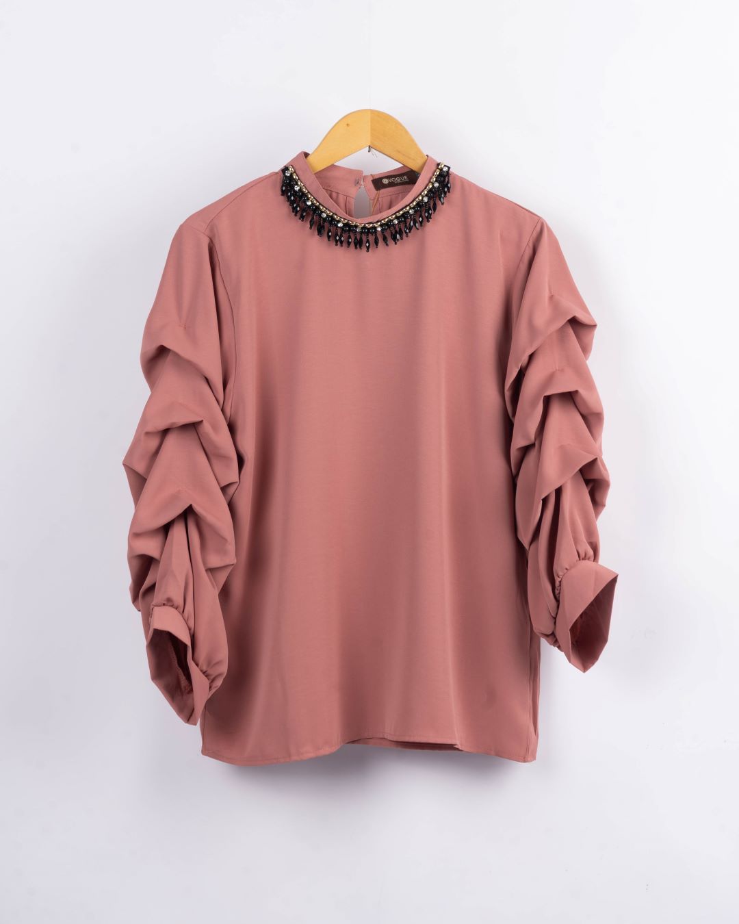 Beaded Neck and Ruffle Sleeves Shirt - Peach