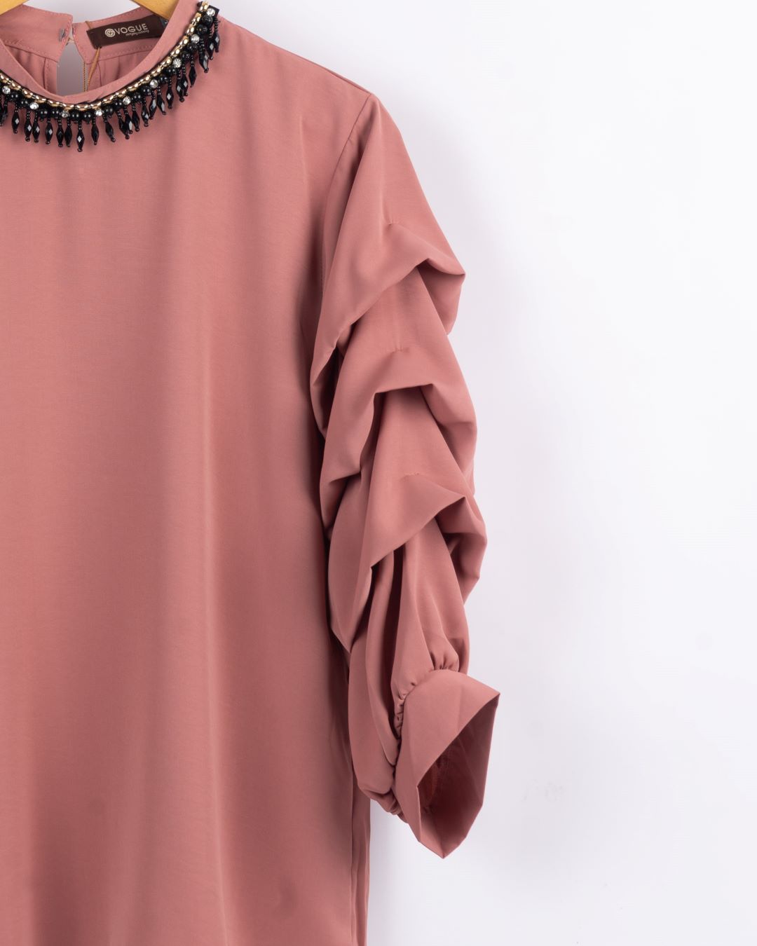 Beaded Neck and Ruffle Sleeves Shirt - Peach