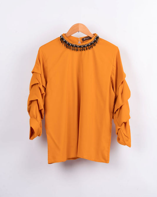 Beaded Neck and Ruffle Sleeves Shirt - Bright Yellow