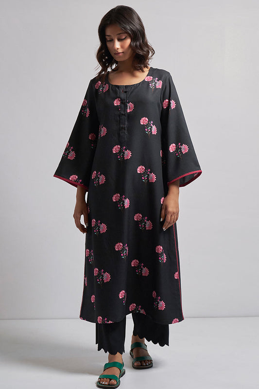 Black and Magenta Chintz Printed Pashmina Kurta Set