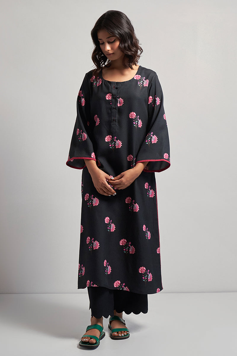 Black and Magenta Chintz Printed Pashmina Kurta Set