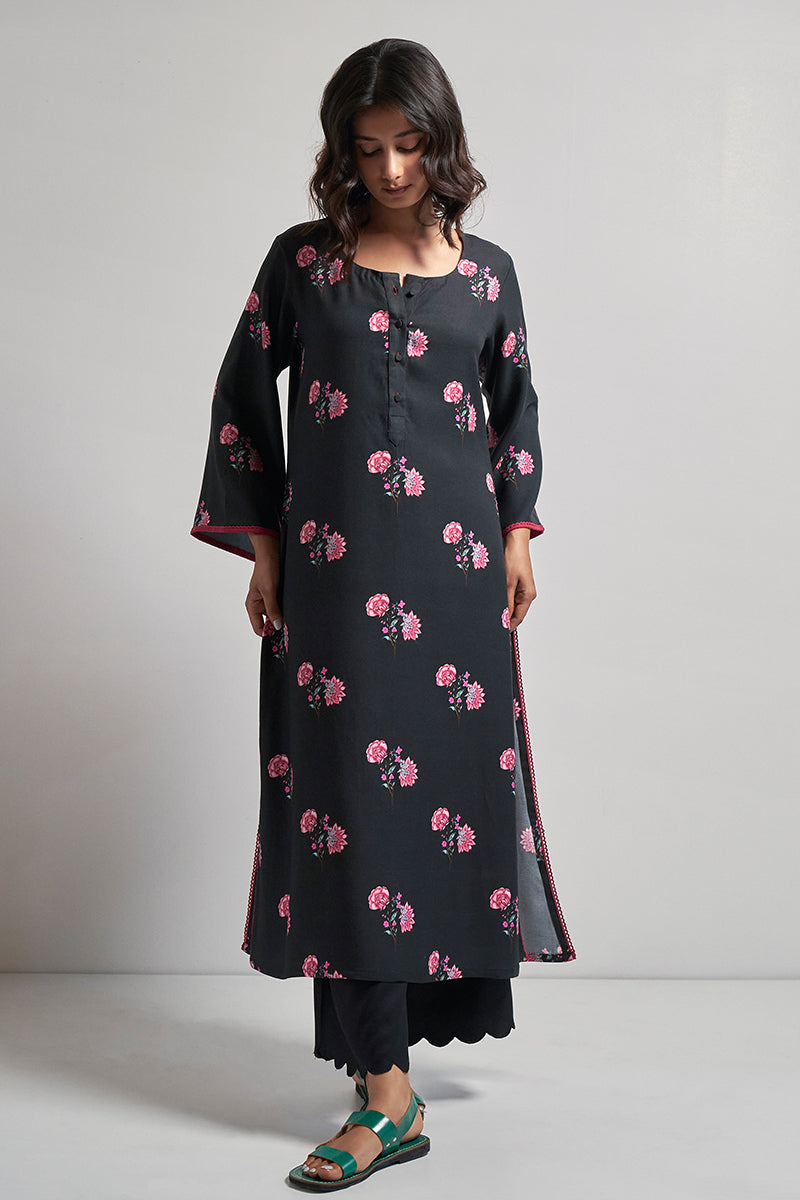 Black and Magenta Chintz Printed Pashmina Kurta Set