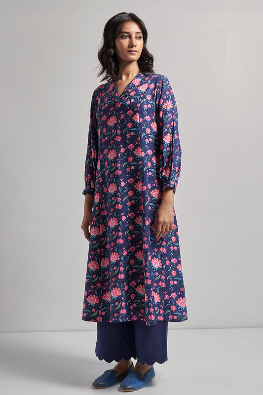 Medieval Blue and coral chintz Printed Pashmina Kurta Set