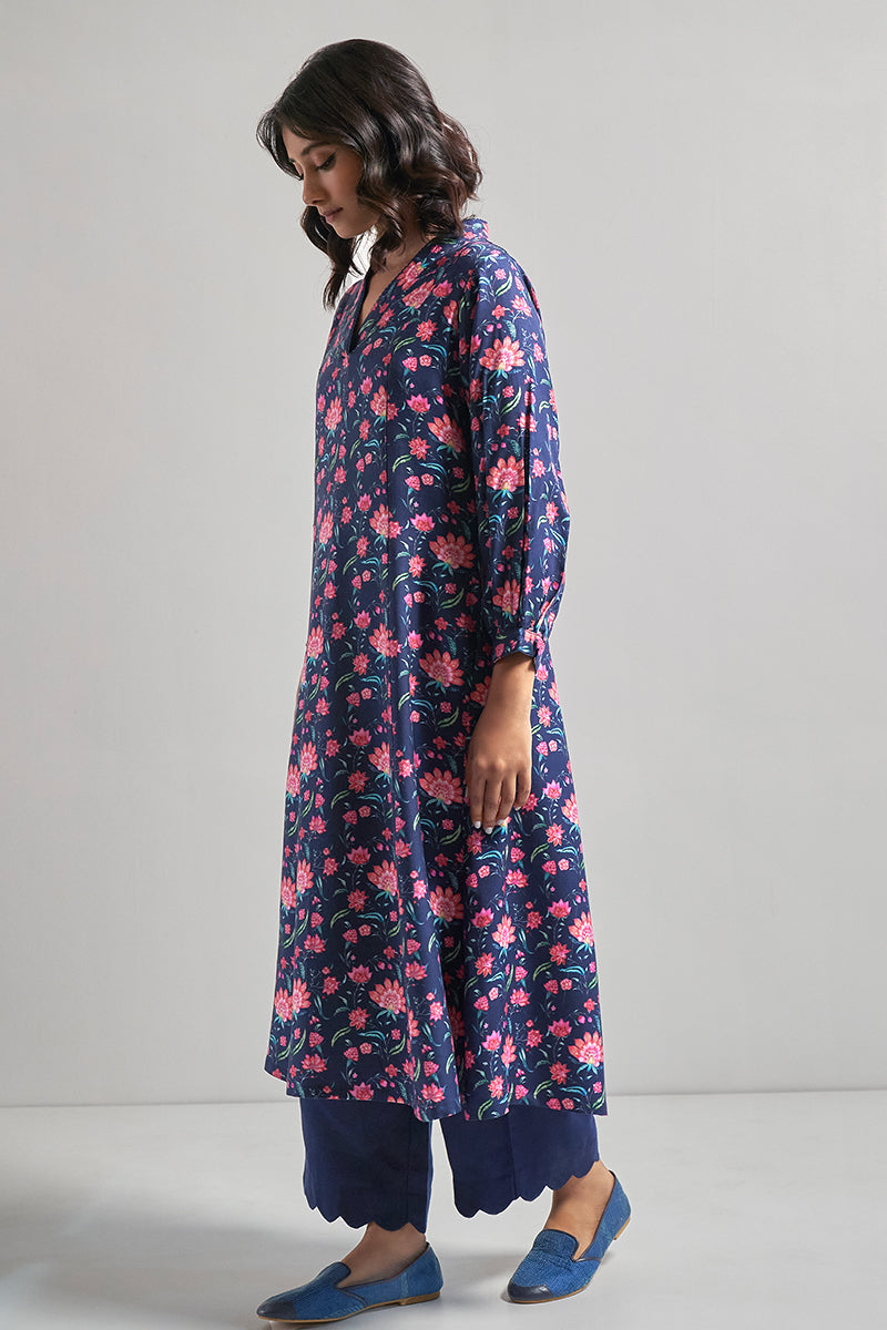 Medieval Blue and coral chintz Printed Pashmina Kurta Set