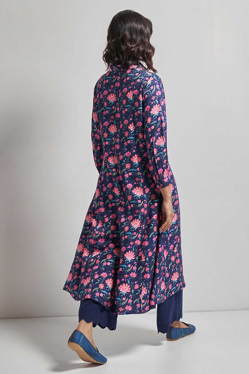 Medieval Blue and coral chintz Printed Pashmina Kurta Set