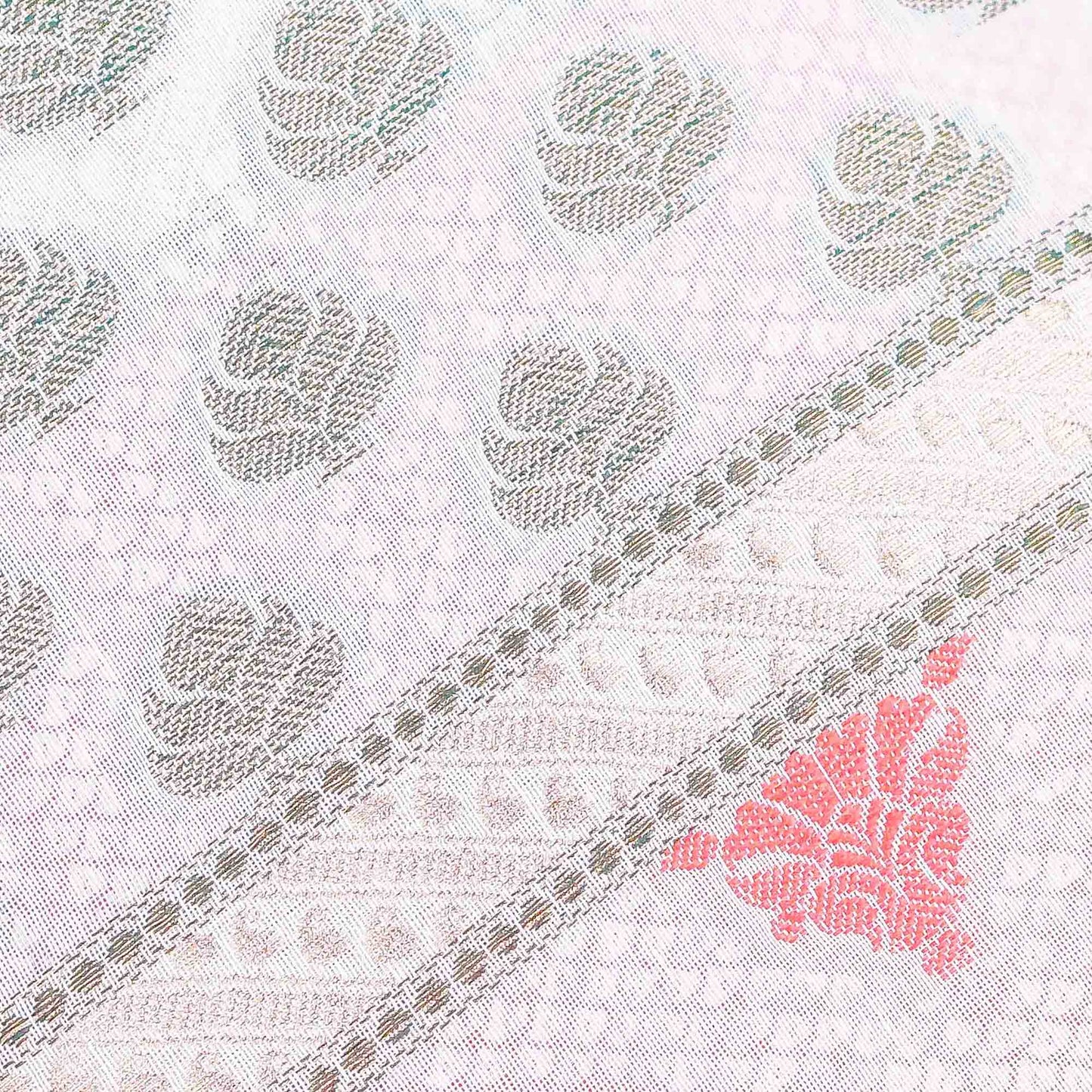 White Traditional Pattern Banarasi Fabric