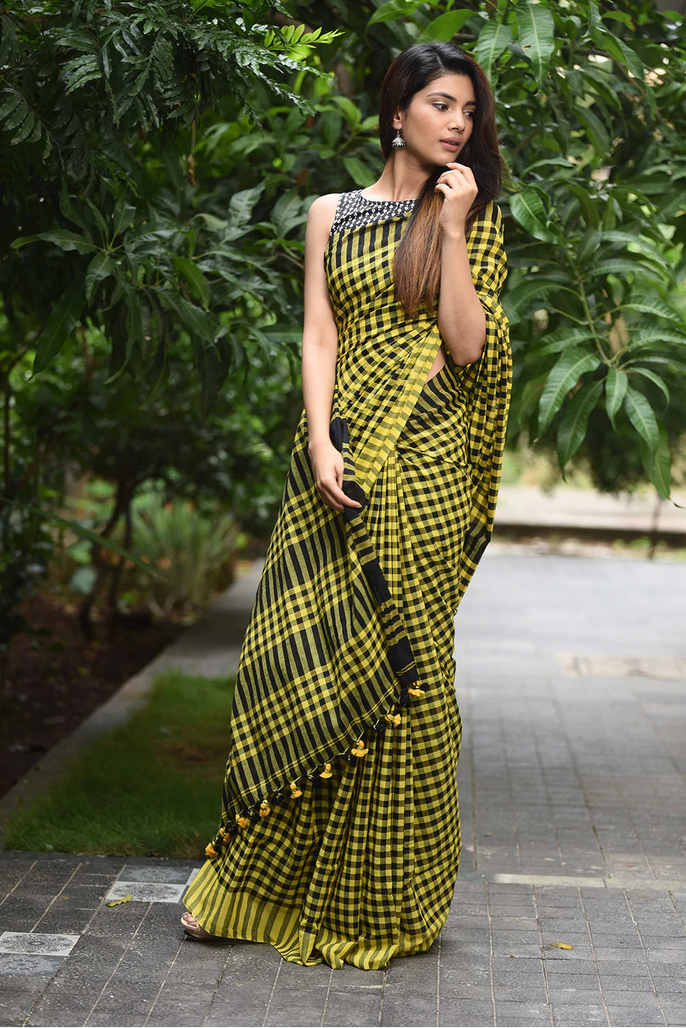 Charkha Cotton Checks  (Mustard Yellow with Black)