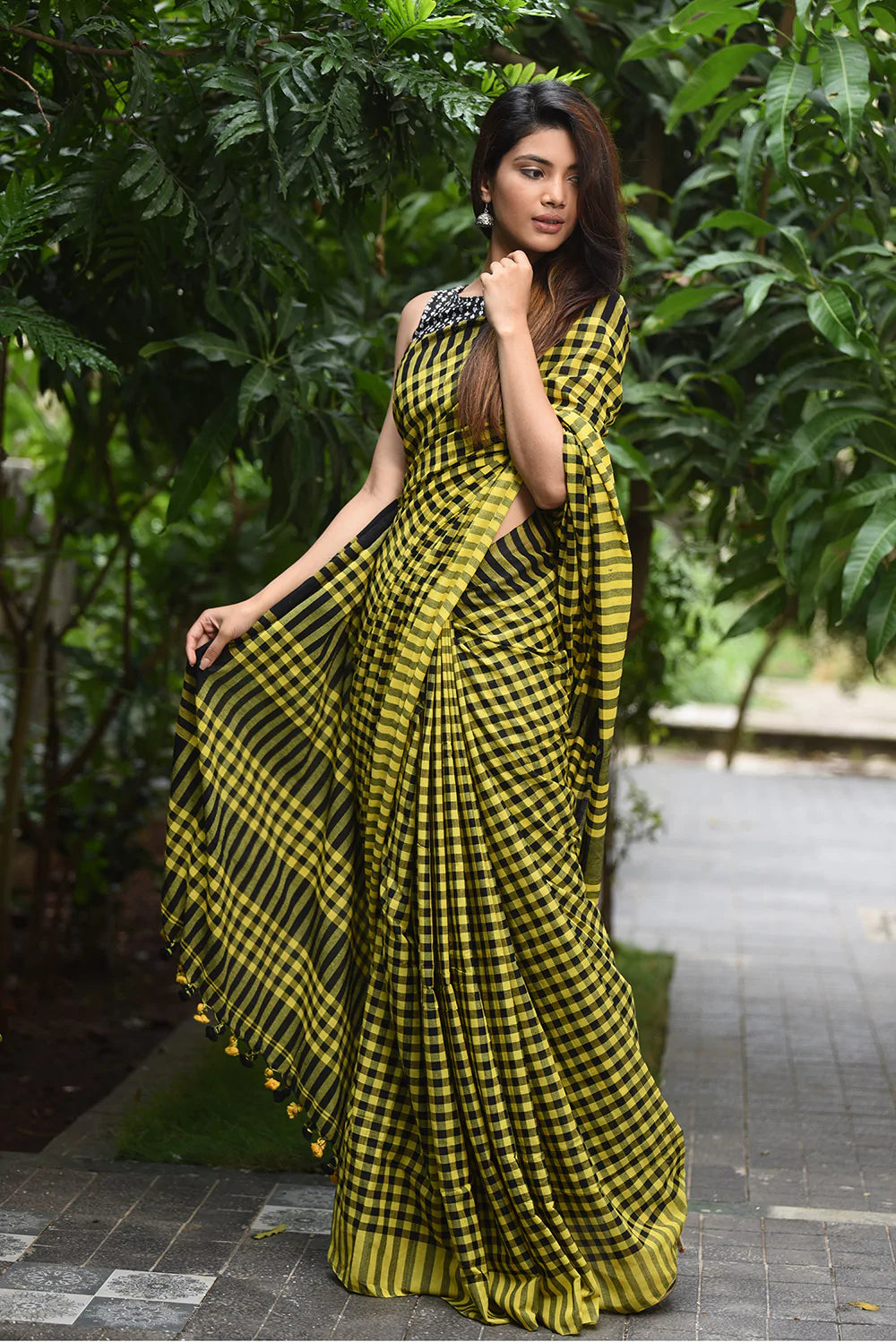 Charkha Cotton Checks  (Mustard Yellow with Black)