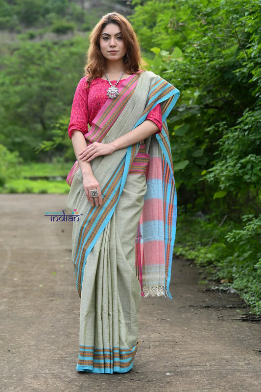 Traditional Patteda Anchu Ilkal Handloom Saree~ Gage Green With Multicolor Border