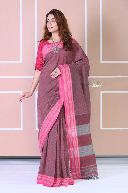 Traditional Patteda Anchu Ilkal Handloom Saree~ Cast Maroon with Pink Border