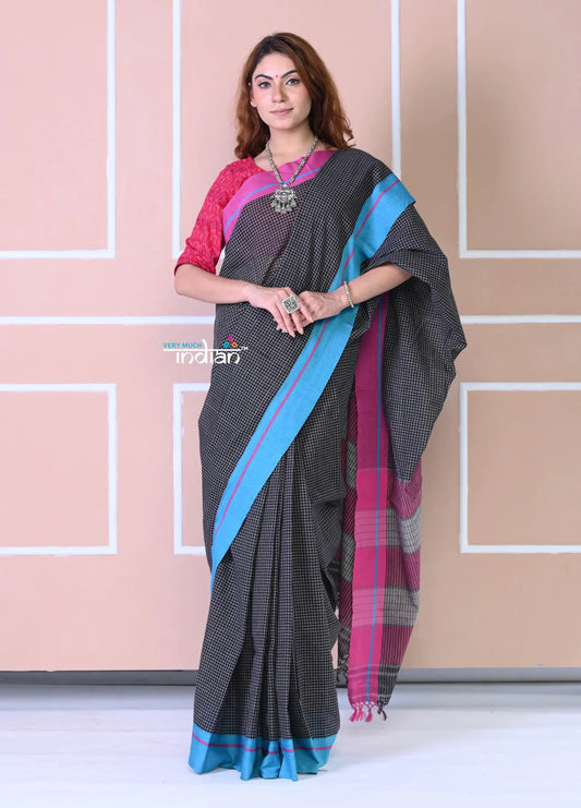 Traditional Patteda Anchu Ilkal Handloom Saree~ Black With Solid Pink and Blue Border