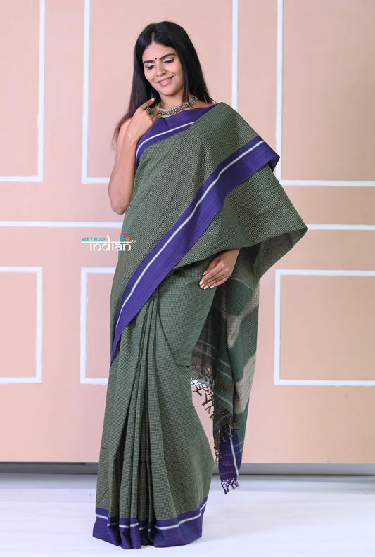 Traditional Patteda Anchu Ilkal Handloom Saree~ Cast Green With Solid Purple Border