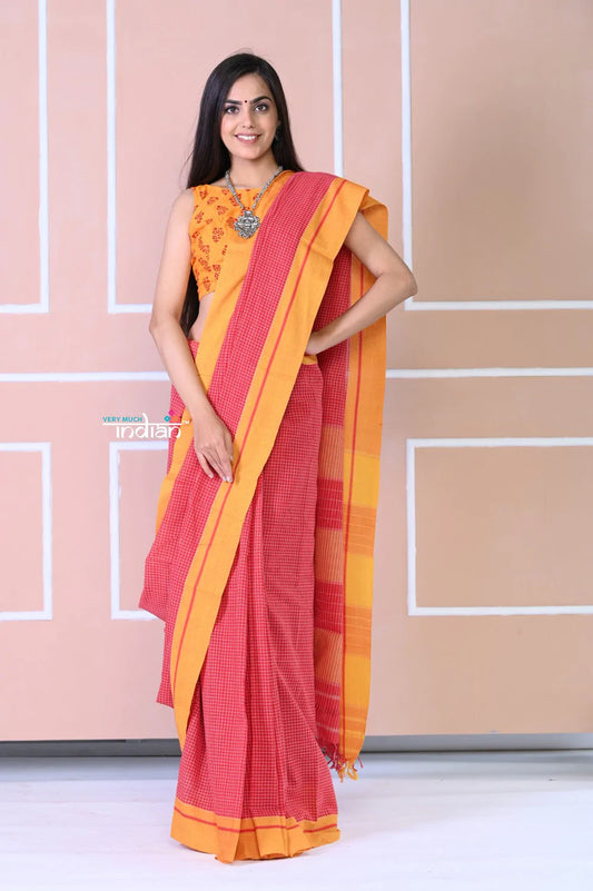 Traditional Patteda Anchu Ilkal Handloom Saree~ Disperse Orange