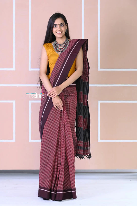 Traditional Patteda Anchu Ilkal Handloom Saree~ Cast Brown with Brown Border