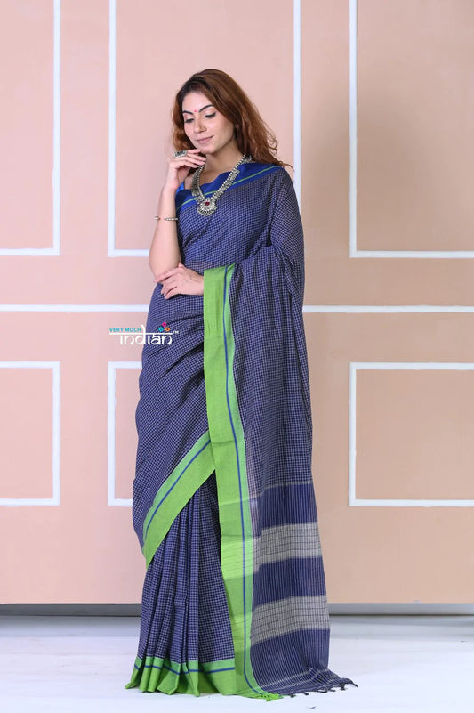 Traditional Patteda Anchu Ilkal Handloom Saree~ Avalanche Blue