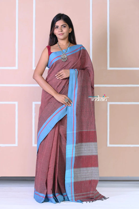 Traditional Patteda Anchu Ilkal Handloom Saree~ Cast Brown With Blue Borders