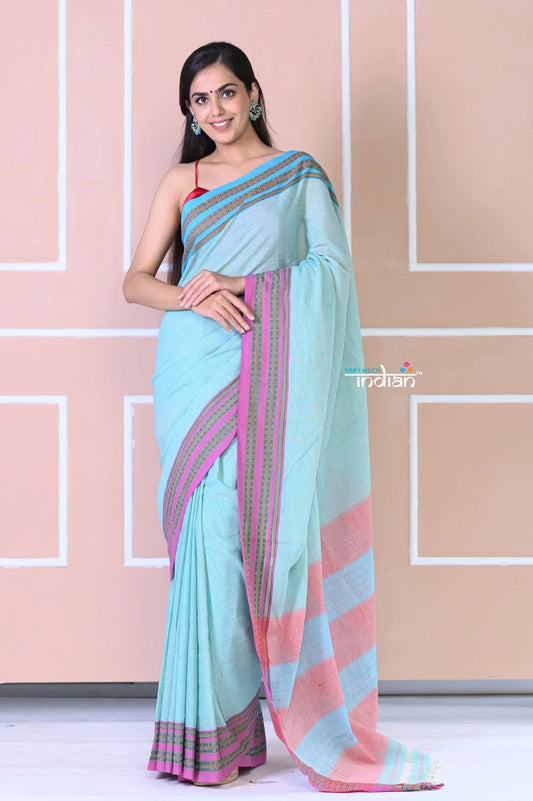 Traditional Patteda Anchu Ilkal Handloom Saree~ Maya Blue