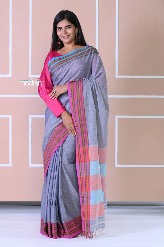 Traditional Patteda Anchu Ilkal Handloom Saree~ Heather Purple With Blue Border