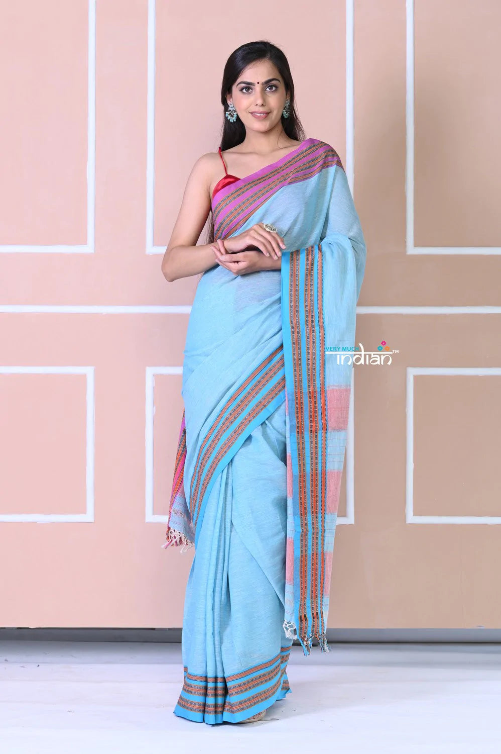 Traditional Patteda Anchu Ilkal Handloom Saree~ Sky Blue