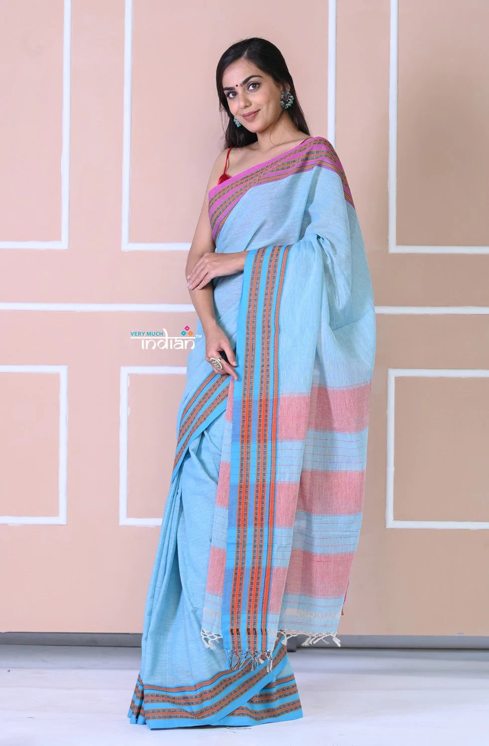 Traditional Patteda Anchu Ilkal Handloom Saree~ Sky Blue