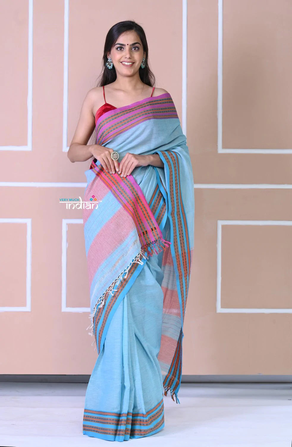 Traditional Patteda Anchu Ilkal Handloom Saree~ Sky Blue