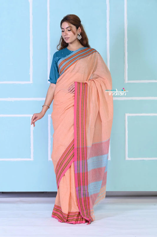 Traditional Patteda Anchu Ilkal Handloom Saree~ Peach Tone