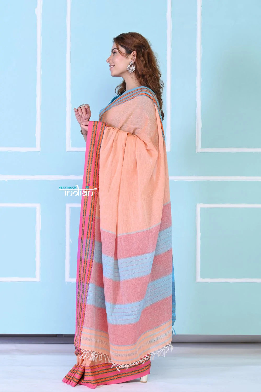 Traditional Patteda Anchu Ilkal Handloom Saree~ Peach Tone