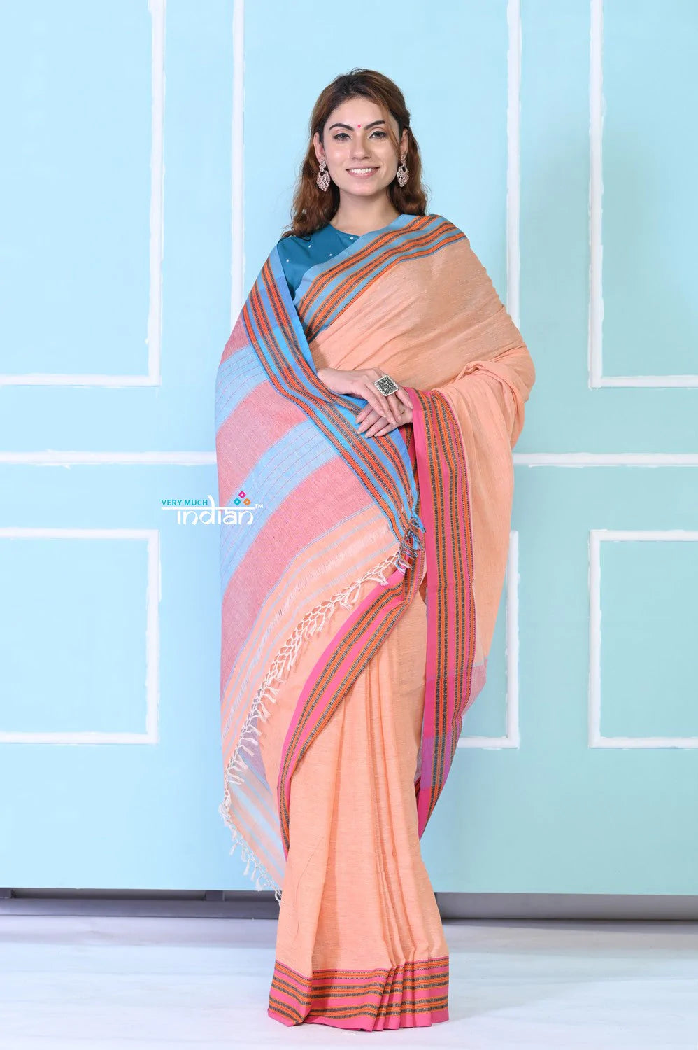 Traditional Patteda Anchu Ilkal Handloom Saree~ Peach Tone