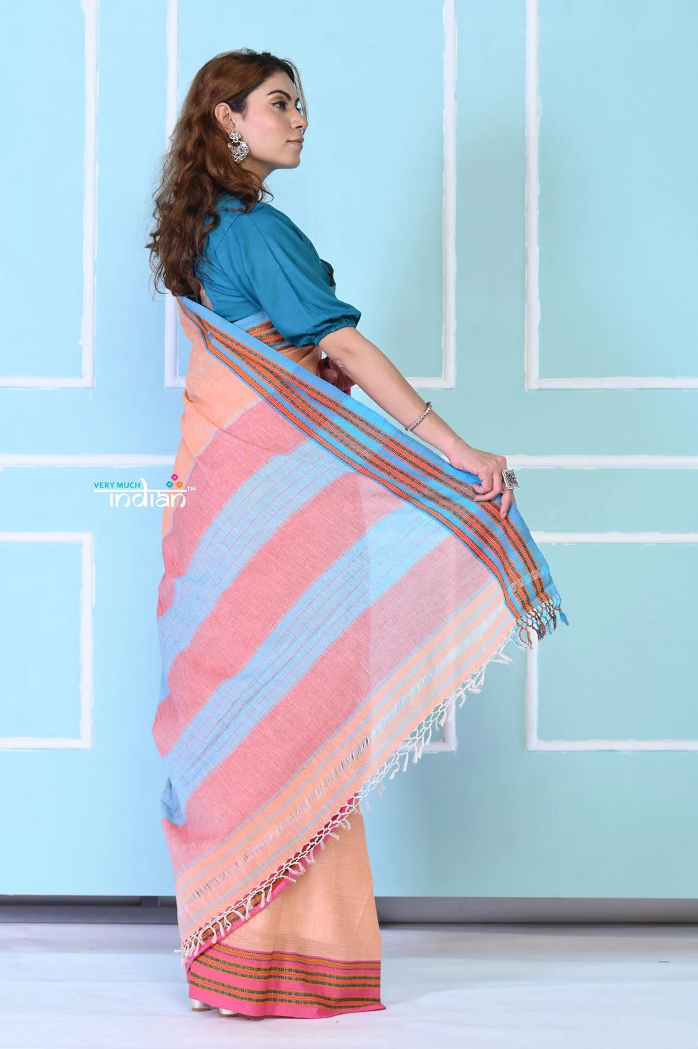 Traditional Patteda Anchu Ilkal Handloom Saree~ Peach Tone