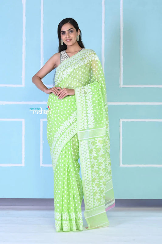 EXCLUSIVE! Hand-loom Pastel Mint Green Jamdhani Cotton Saree With Beautiful Pallu