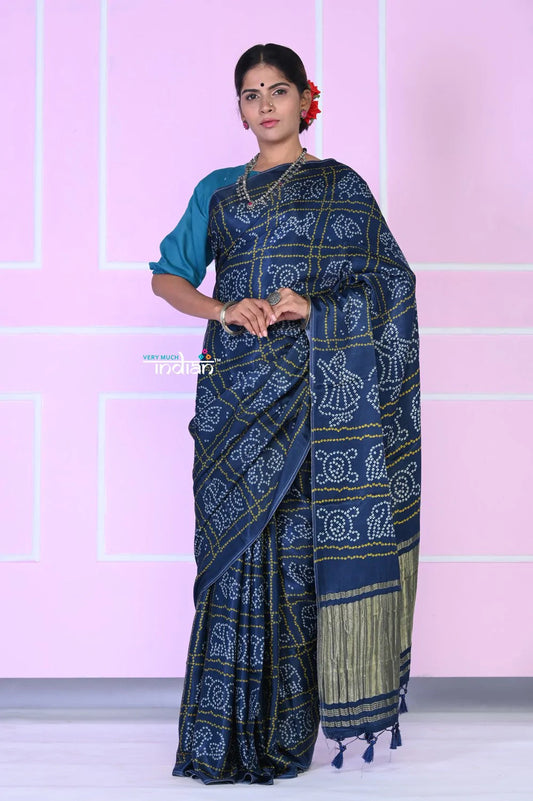 VMI EXCLUSIVE!  Pure Navy Blue Gajji Satin Silk Saree with Beautiful Bandhani Print